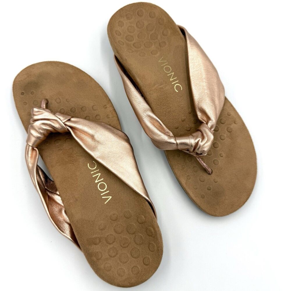 Vionic Pippa Rose Gold Leather Knot Thong Sandals Women’s Size 8